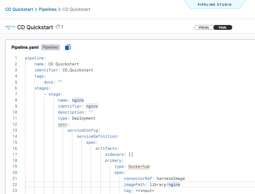 YAML example of a CD pipeline with a service definition.